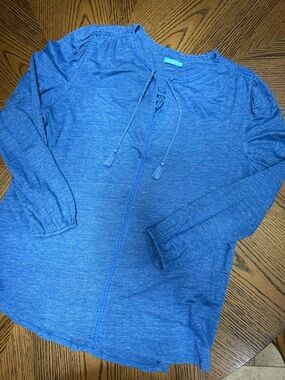 J. McLaughlin Blue Linen Tie-Neck Long Sleeve Top M